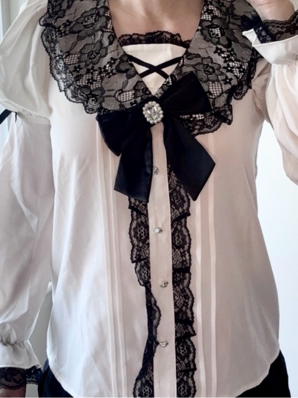 Gothic Coquette Lace Blouse w/ Detachable Bow • Victorian Lolita Top S–M